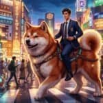 A man in a suit rides a giant Shiba Inu through a neon-lit city street with a glowing Hachiko statue