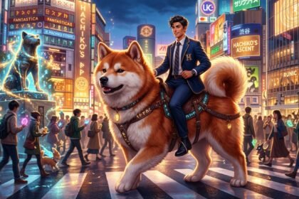 A man in a suit rides a giant Shiba Inu through a neon-lit city street with a glowing Hachiko statue