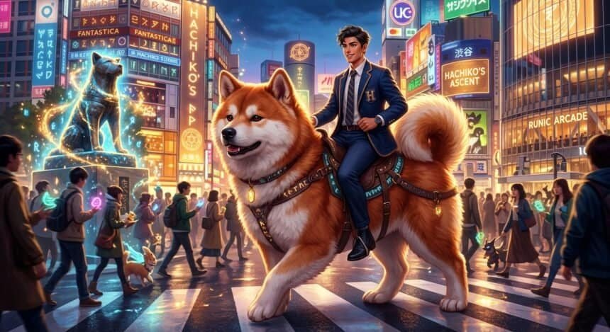 A man in a suit rides a giant Shiba Inu through a neon-lit city street with a glowing Hachiko statue