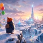 A penguin with a backpack looks toward a glowing ice tower in a snowy fantasy world with banners saying Farewell and Explore