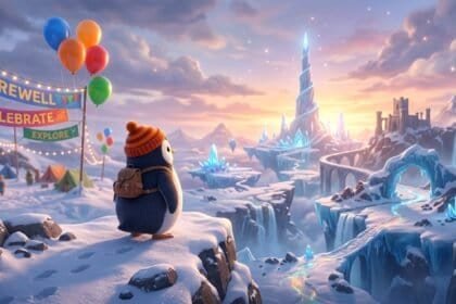 A penguin with a backpack looks toward a glowing ice tower in a snowy fantasy world with banners saying Farewell and Explore