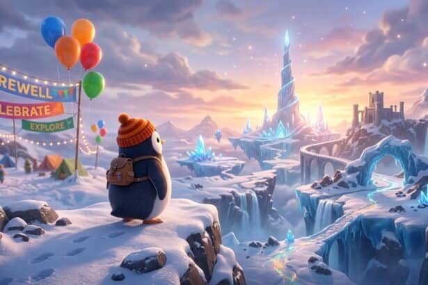 A penguin with a backpack looks toward a glowing ice tower in a snowy fantasy world with banners saying Farewell and Explore