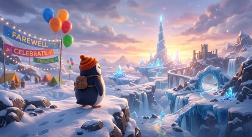 A penguin with a backpack looks toward a glowing ice tower in a snowy fantasy world with banners saying Farewell and Explore