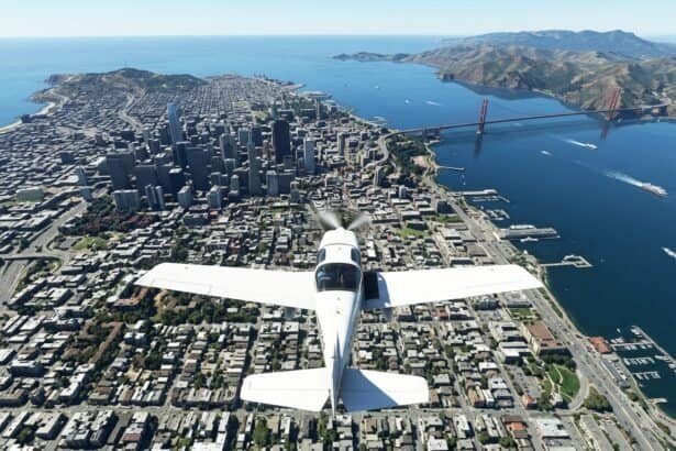 A small white plane flies over downtown San Francisco and the Golden Gate Bridge in a flight simulator