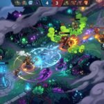 A team fight in a MOBA game featuring heroes using elemental abilities on a forest lane near defensive towers