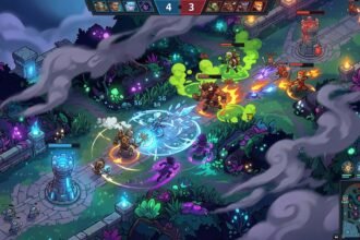 A team fight in a MOBA game featuring heroes using elemental abilities on a forest lane near defensive towers