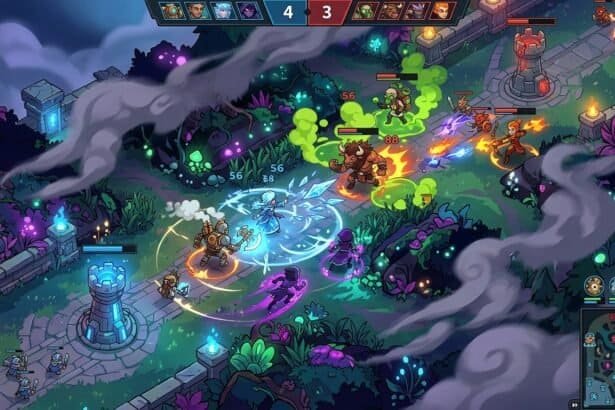 A team fight in a MOBA game featuring heroes using elemental abilities on a forest lane near defensive towers