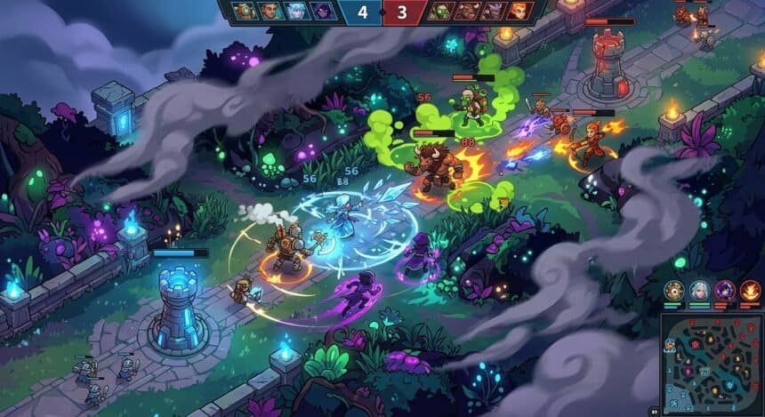 A team fight in a MOBA game featuring heroes using elemental abilities on a forest lane near defensive towers