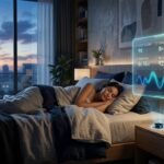 A woman sleeps while a holographic display from Serena AI shows a sleep score of 98 and restorative sleep metrics