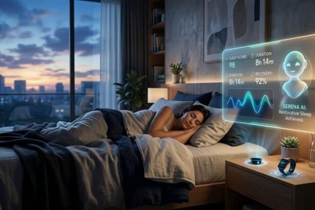 A woman sleeps while a holographic display from Serena AI shows a sleep score of 98 and restorative sleep metrics