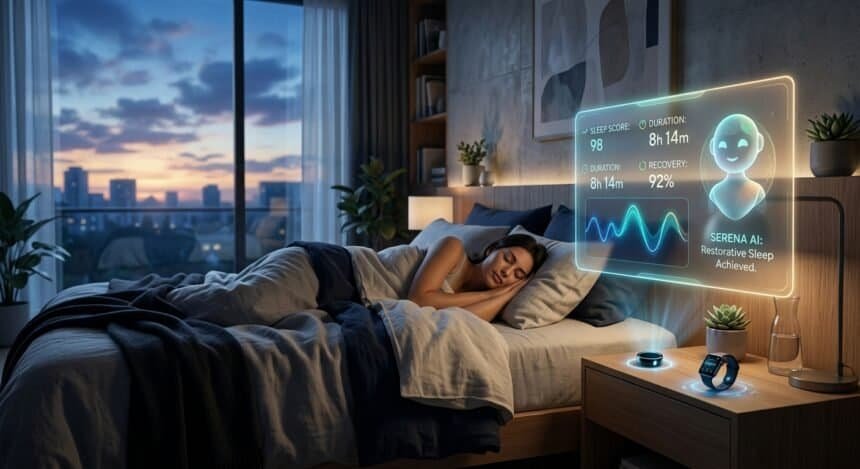 A woman sleeps while a holographic display from Serena AI shows a sleep score of 98 and restorative sleep metrics