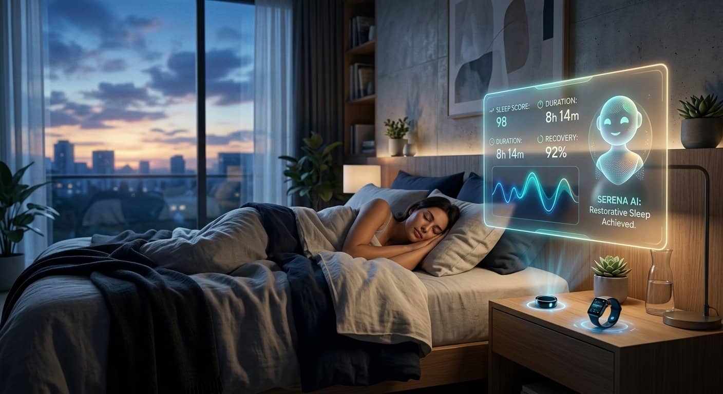 Sleepagotchi Launches AI Wellness Platform and Announces an Airdrop A woman sleeps while a holographic display from Serena AI shows a sleep score of 98 and restorative sleep metrics