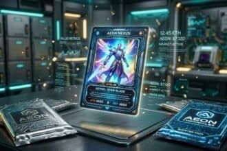 Aeon Nexus digital trading card for Aethel: Star-Blade, Level 99, with 4500 ATK and 3800 DEF, shown with market value metrics