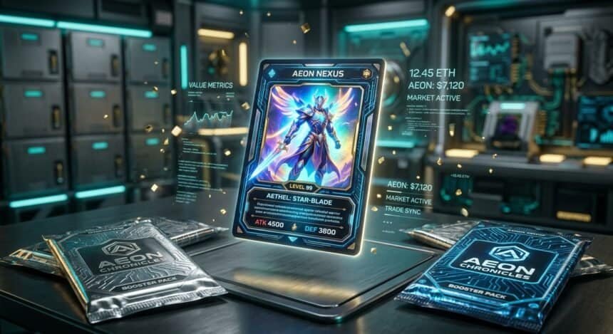 Aeon Nexus digital trading card for Aethel: Star-Blade, Level 99, with 4500 ATK and 3800 DEF, shown with market value metrics