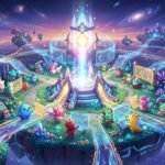 Cute fantasy creatures on floating islands in space interacting with holographic data displays and a central glowing portal