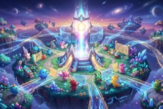 Cute fantasy creatures on floating islands in space interacting with holographic data displays and a central glowing portal
