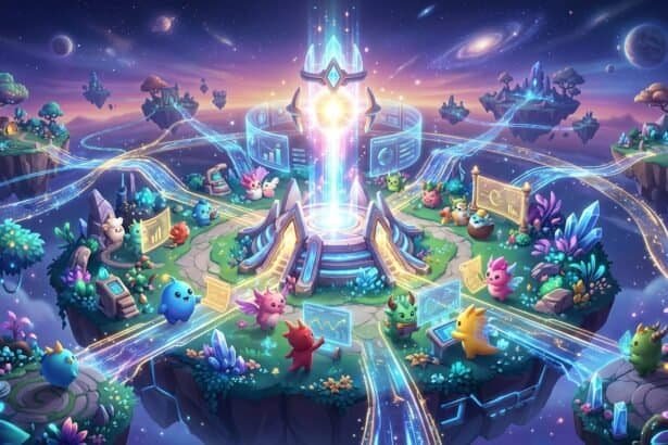 Cute fantasy creatures on floating islands in space interacting with holographic data displays and a central glowing portal