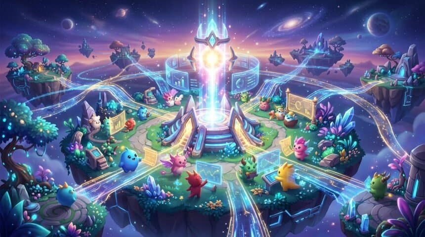 Cute fantasy creatures on floating islands in space interacting with holographic data displays and a central glowing portal