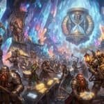 Fantasy characters mine crystals and gold in a cave with a large hourglass calendar showing 17 days remaining