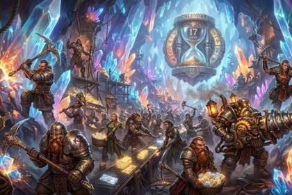 Fantasy characters mine crystals and gold in a cave with a large hourglass calendar showing 17 days remaining
