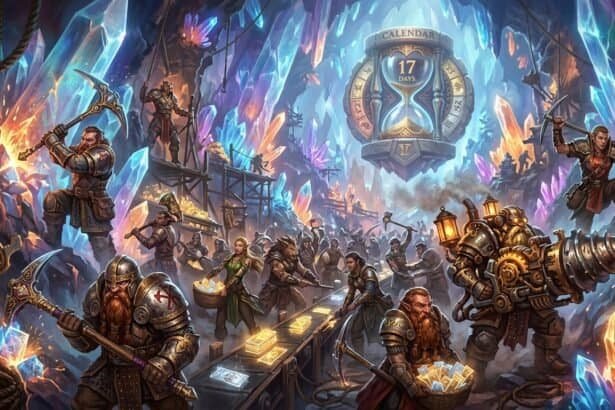 Fantasy characters mine crystals and gold in a cave with a large hourglass calendar showing 17 days remaining