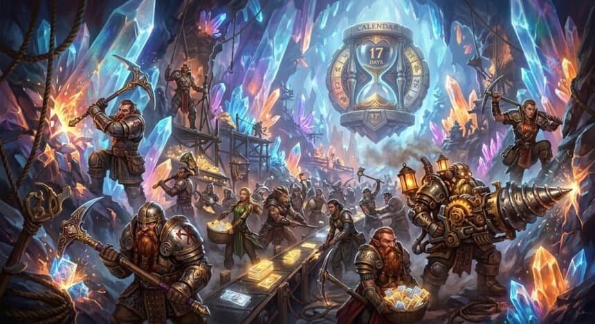 Fantasy characters mine crystals and gold in a cave with a large hourglass calendar showing 17 days remaining