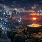 Glowing gold coins on a stone altar in a fantasy landscape with a castle and floating islands at sunset