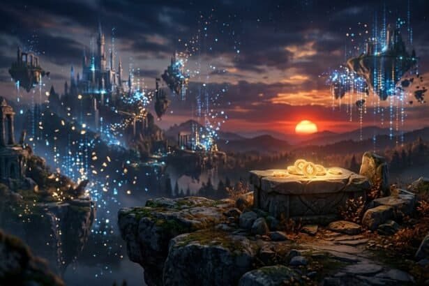Glowing gold coins on a stone altar in a fantasy landscape with a castle and floating islands at sunset