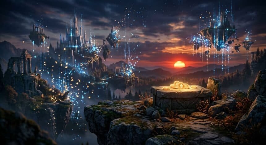 Glowing gold coins on a stone altar in a fantasy landscape with a castle and floating islands at sunset