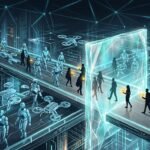 Humans and robots walking on elevated paths in a futuristic digital city with drones and a glowing portal