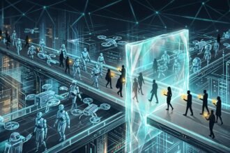 Humans and robots walking on elevated paths in a futuristic digital city with drones and a glowing portal