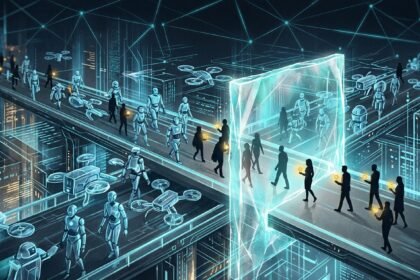 Humans and robots walking on elevated paths in a futuristic digital city with drones and a glowing portal