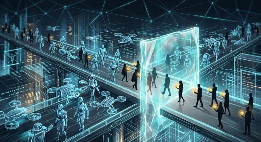 Humans and robots walking on elevated paths in a futuristic digital city with drones and a glowing portal