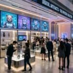 People browse the Digital Artifacts store, featuring digital art screens and displays of physical merchandise