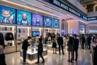 People browse the Digital Artifacts store, featuring digital art screens and displays of physical merchandise