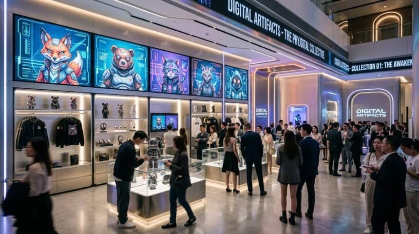 People browse the Digital Artifacts store, featuring digital art screens and displays of physical merchandise