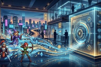 Pixel art fantasy characters channel magic as crypto symbols into a futuristic Institutional Finance vault