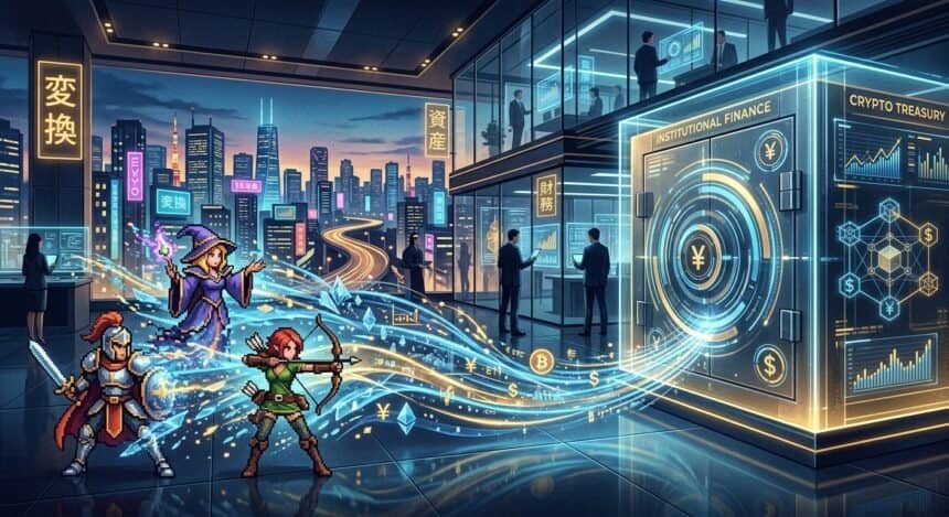 Pixel art fantasy characters channel magic as crypto symbols into a futuristic Institutional Finance vault