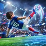 Voxel-style France soccer player performing a bicycle kick in a digital stadium during the Metaverse Cup