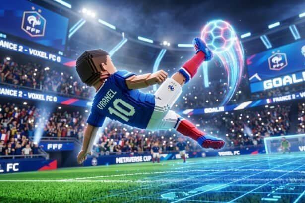 Voxel-style France soccer player performing a bicycle kick in a digital stadium during the Metaverse Cup