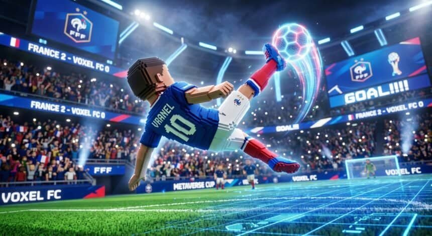 Voxel-style France soccer player performing a bicycle kick in a digital stadium during the Metaverse Cup