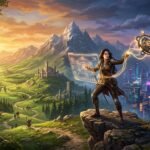 An adventurer stands between a sunlit medieval landscape and a neon-lit futuristic city, interacting with holograms
