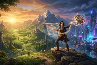 An adventurer stands between a sunlit medieval landscape and a neon-lit futuristic city, interacting with holograms