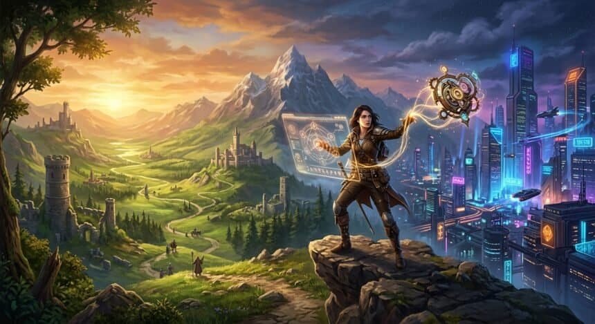 An adventurer stands between a sunlit medieval landscape and a neon-lit futuristic city, interacting with holograms