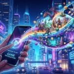 Game characters burst from a smartphone in a neon city, highlighting instant cloud gaming and no downloads