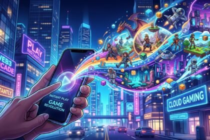 Game characters burst from a smartphone in a neon city, highlighting instant cloud gaming and no downloads