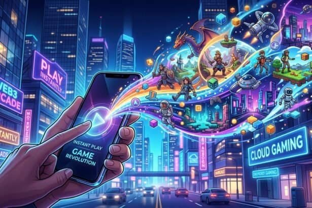 Game characters burst from a smartphone in a neon city, highlighting instant cloud gaming and no downloads