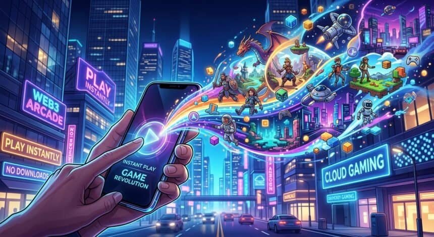 Game characters burst from a smartphone in a neon city, highlighting instant cloud gaming and no downloads