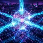 Glowing digital coin labeled Crypto Blockchain connected to a network of energy beams in a futuristic city