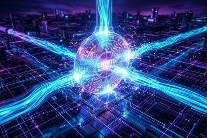 Glowing digital coin labeled Crypto Blockchain connected to a network of energy beams in a futuristic city